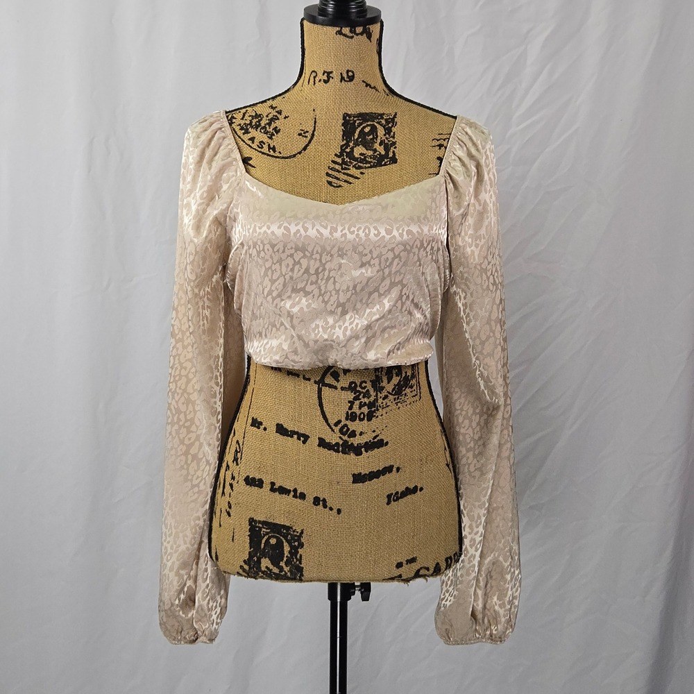 Le Lis Collection Beige Jacquard Satin Tie Back Blouse Women's Small Long Sleeve